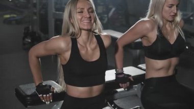 Atletik kızlar triceps bankta egzersiz. İki sarışın kız şınav gerçekleştirme