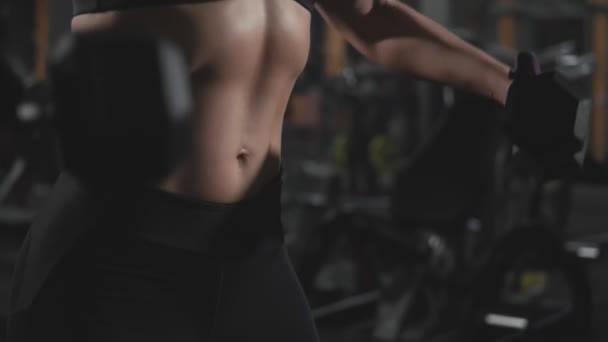 Primer plano de las mujeres de fitness haciendo ejercicio con pesas juntas en el gimnasio — Vídeo de stock