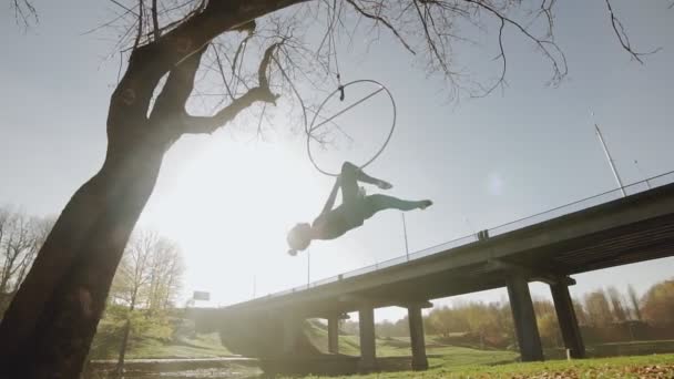 Air gymnastics mulher executa acrobacias truques no aro aéreo — Vídeo de Stock