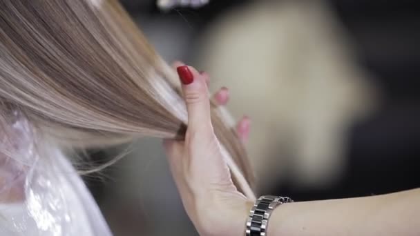 Menina bonita nova no salão de beleza. cabeleireiro estilista faz meninas cabelo — Vídeo de Stock