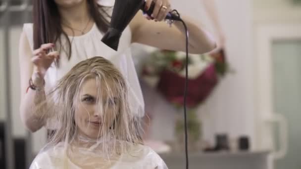 Estilista feminina com secador de cabelo no salão de beleza. Jovem loira recebendo cabelo vestido — Vídeo de Stock