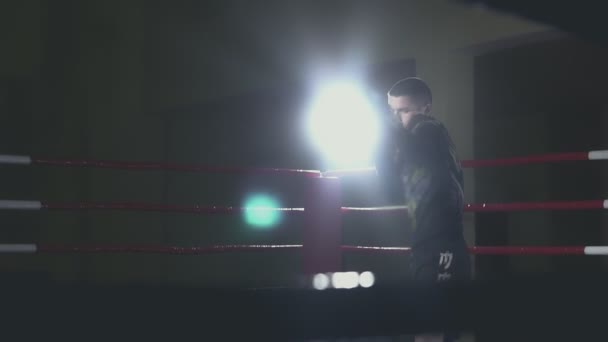 Treino de kickboxer no ringue de boxe escuro. Boxer boxe como exercício para a luta — Vídeo de Stock