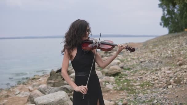 黒いドレスを着た若いバイオリニストが海の近くで遊んでいます。ヴァイオリンと美しい少女 — ストック動画