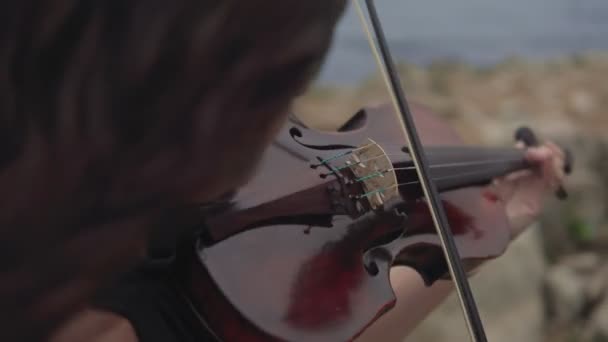 Jonge violist in zwarte jurk speelt in de buurt van zee. Mooi meisje met viool — Stockvideo