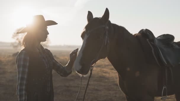 金发碧眼的女孩在牛仔帽抚摸和拥抱马。美丽的妇女与马 — 图库视频影像