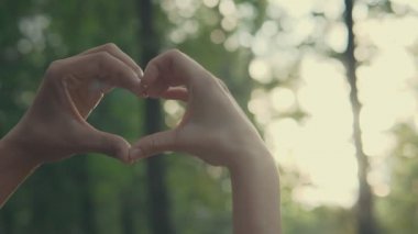 Genç çift kalp şekli elleriyle günbatımında günbatımı park adlı yapma