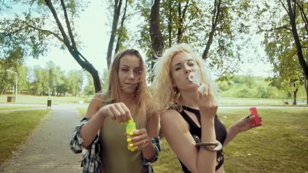 Счастливые девушки в солнцезащитных очках с удовольствием создают мыльные пузыри в парке — стоковое видео