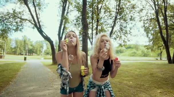 Ragazze hipster sorridenti con occhiali da sole divertirsi a fare bolle nel parco — Video Stock