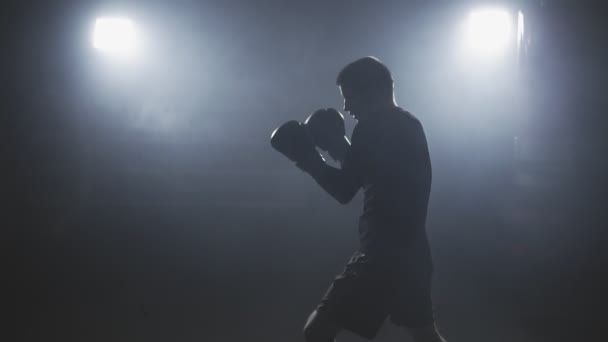 Kickboxer entrainement en studio fumé. Muay thai boxeur poinçonnage — Video