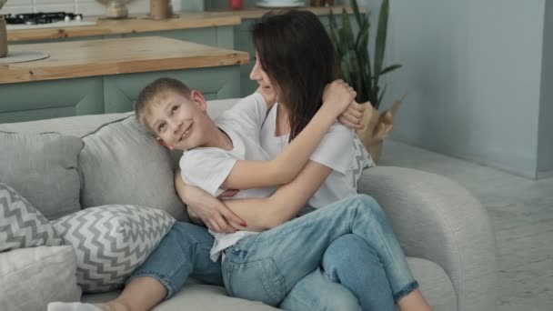 Happy Mother Spending Time Son Bedtime Playing Hugging Pretty Mom — Stock Video