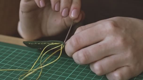 Desollador Femenino Profesional Que Trabaja Con Cuero Genuino Taller Costura — Vídeo de stock