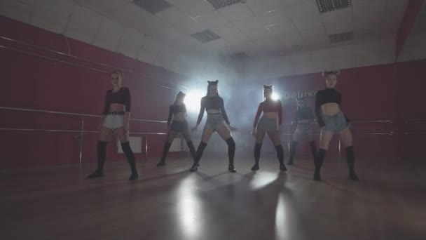Девушки наслаждаются танцхоллом движется в темную студию с дымом и освещением — стоковое видео