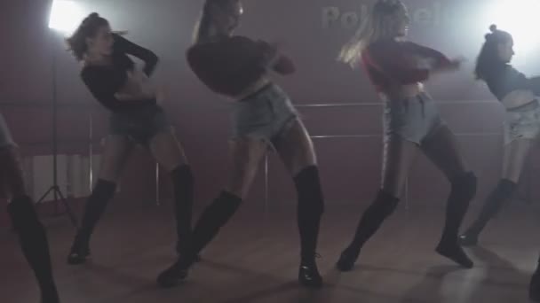 Kobiety korzystające dancehall porusza się w ciemnym studio z dymem i oświetleniem — Wideo stockowe