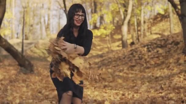 Gelukkige Jonge Moeder Haar Kleine Dochter Spelen Lachen Herfst Park — Stockvideo