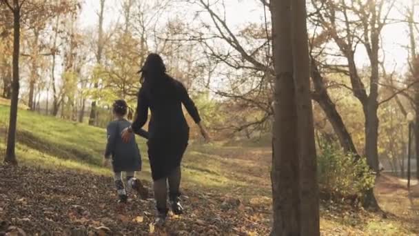 Mãe Filha Correndo Parque Outono Família Divertindo Parque Outono Câmera — Vídeo de Stock