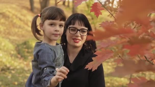 Mãe Atraente Sua Pequena Filha Feliz Andando Juntos Parque Outono — Vídeo de Stock