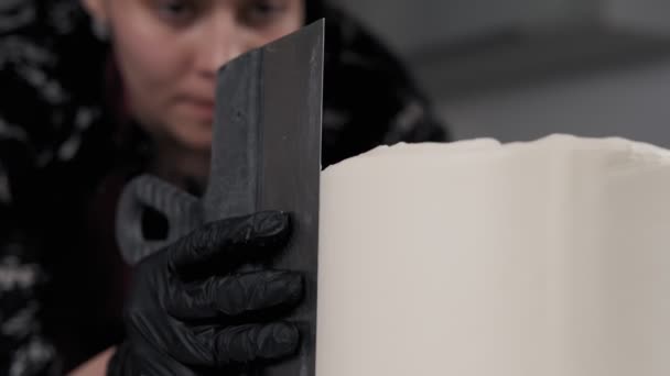 Primer Plano Baker Suavizando Torta Con Crema Batida Mano Mujer — Vídeos de Stock