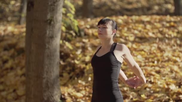 公園でストレッチ若いブルネットの女性 スローモーションで日当たりの良い公園で黒のスポーツウェアのトレーニングで魅力的な女性 健康的なライフスタイルのコンセプト — ストック動画