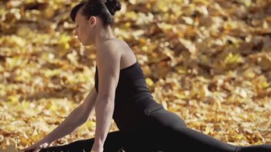 Spor kadının ın yakın çekim idmanı çalıştırmadan önce esneme. Sağlıklı genç kadın sonbahar parkında sarı yeşillik ile çayırda ısınma.