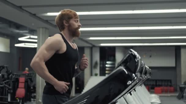 红发人在运动健身房的跑步机上跑步 年轻的胡子运动男子锻炼和运行在跑步机在健身房与复制空间 — 图库视频影像
