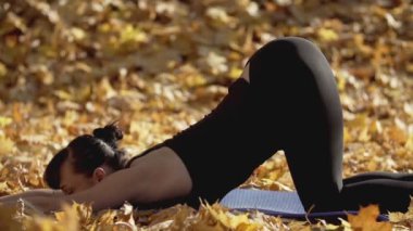 Güzel ince kadın sonbahar parkta yoga. Esmer kız sarı yeşillik omurga germe üzerinde yoga hamle yapıyor