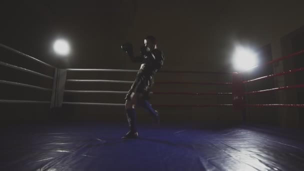 Muay thai fighter training in smoky studio. Kickboxer punching — Stock Video