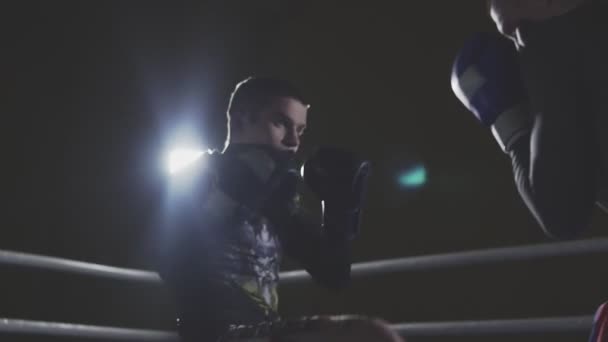 Close up of Kickboxers training in smoky studio. Silhouette on dark background — Stock Video