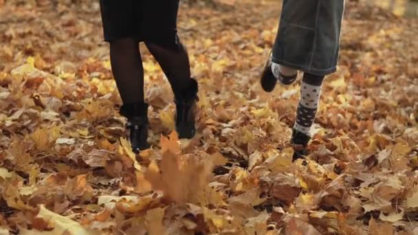 母親と一緒に公園でブーツで紅葉を蹴る娘 スローモーション ローアングル 脚のクローズアップビュー — ストック動画