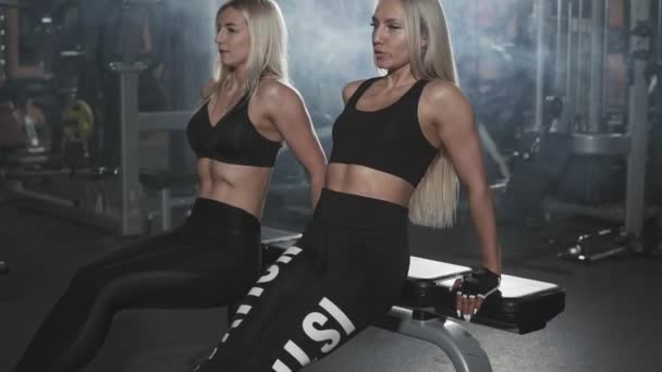 Fitness Young Women Doing Push Ups Dark Gym Slow Motion — Stock Video