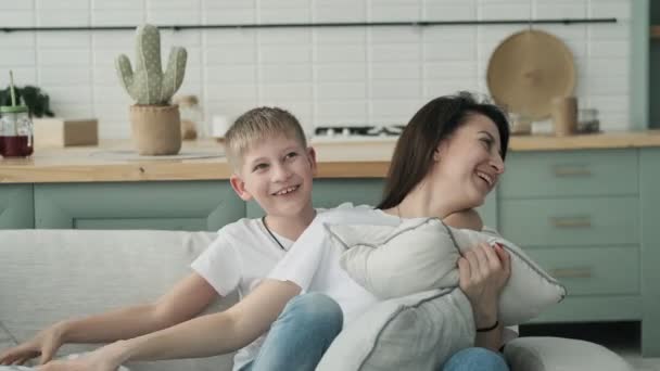 Happy Mother Spending Time Son Bedtime Playing Hugging Pretty Mom — Stock Video