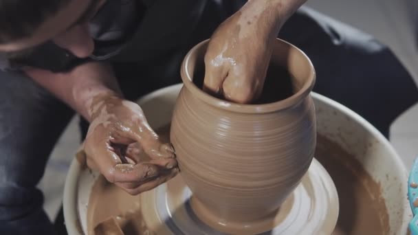 Potter Creates Product Potter Lathe Spinning Pottery Close Hands Gently — Stock Video