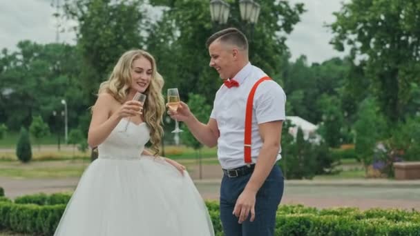 新郎与新娘在户外喝香槟 婚礼情侣幸福的家庭恋爱中的男人和女人 新娘和新郎在婚礼上喝香槟的中枪 — 图库视频影像