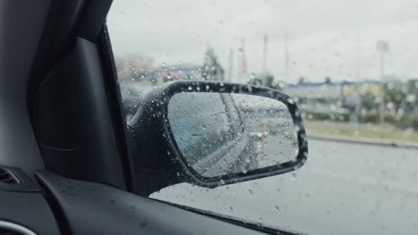 Car Side Mirror Window Drops Rain Rainy Weather While Driving — Stock Video