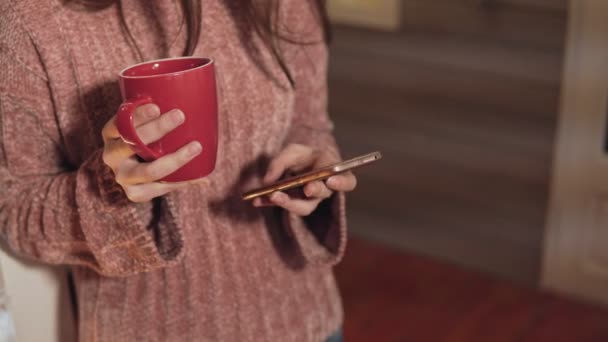 穿着毛衣的女人在电话里打信息 站在红杯咖啡或茶 右边是复制空间 手的特写视图 — 图库视频影像