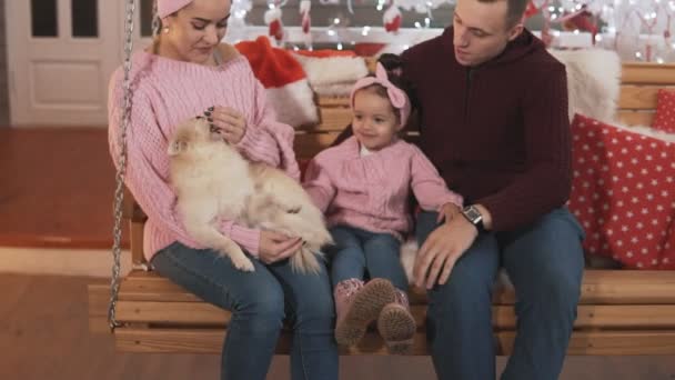 Gelukkig Jong Gezin Met Dochter Hond Zittend Bank Tijdens Kerstdagen — Stockvideo