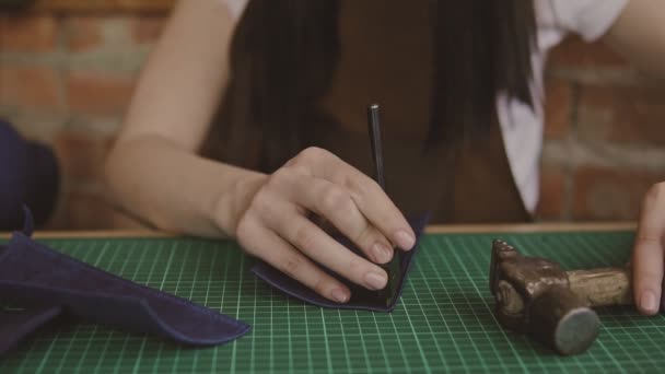 Presione Cuero Con Martillo Para Hacer Agujeros Desollador Femenino Profesional — Vídeo de stock