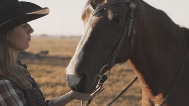 Blond Meisje Met Lang Haar Cowboy Hoed Strelen Knuffelen Paard — Stockvideo