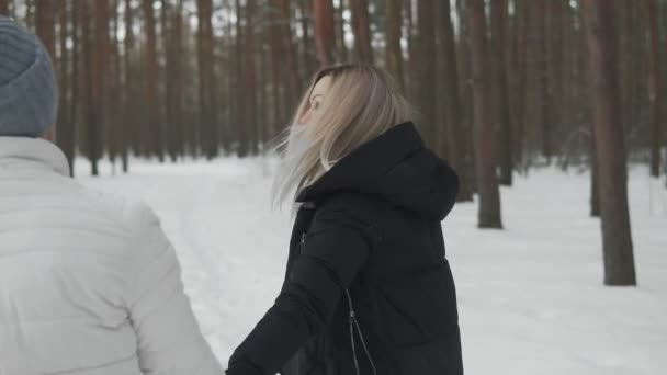 Jong Stel Wandelen Winter Park Winterseizoen Gelukkig Paar Wandelen Winter — Stockvideo