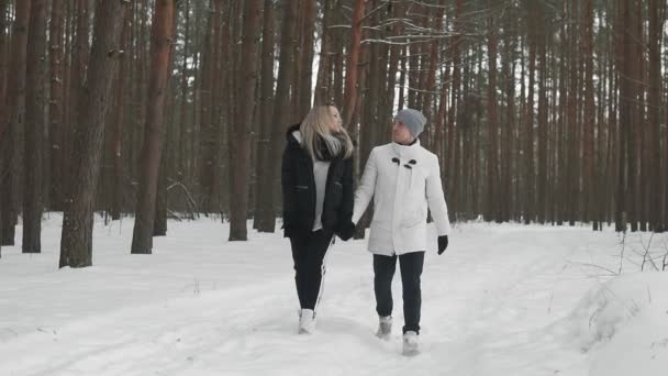 Vackra par promenader i Winter Park och leende i slow motion — Stockvideo