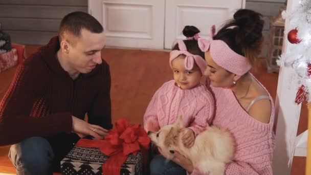 Young Family Pack Gifts Christmas Portrait Smiling Family Little Daughter — Stock Video