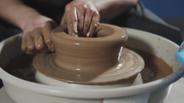 Man Works Potter Wheel Clay Ceramics Handwork Clay Ware Potter — Stock Video