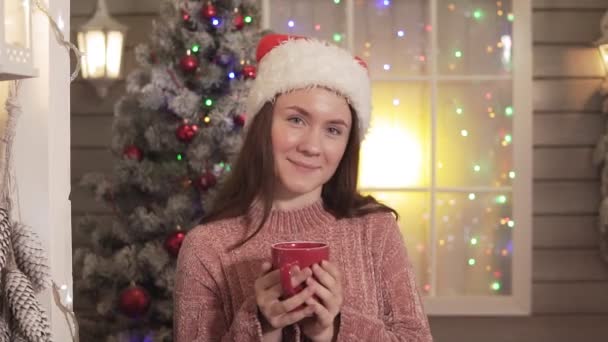 黑发女人在圣诞老人的帽子微笑 看着相机 穿着毛衣的女人拿着红茶或咖啡 圣诞节概念 — 图库视频影像