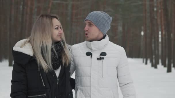 Pareja Cariñosa Caminando Parque Navidad Invierno Sonriendo Cámara Lenta Pareja — Vídeos de Stock