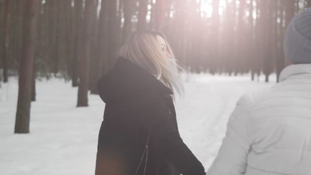 Young Woman Walking Boyfriend Winter Park Follow Concept Slow Motion — Stock Video