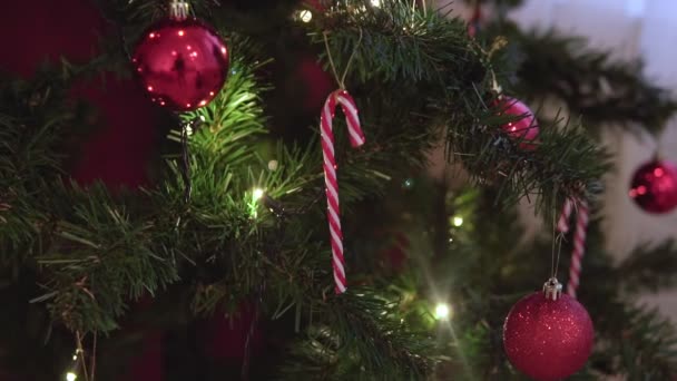 Weihnachtsbaum Geschmückt Mit Glitzerndem Weihnachtsbaumspielzeug Und Leuchtenden Lichtern Neujahrsstimmung Frohe — Stockvideo
