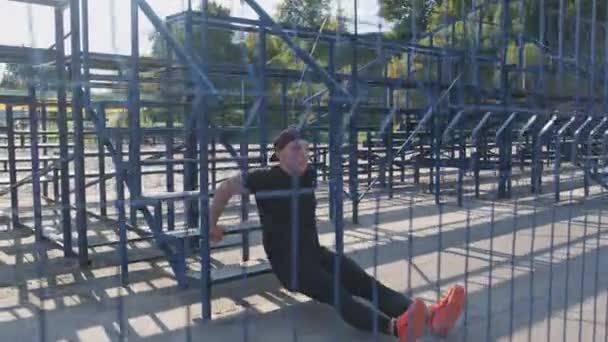 Handsome Man Doing Outdoors Workout Arms Stairs Man Cap Orange — Stock Video