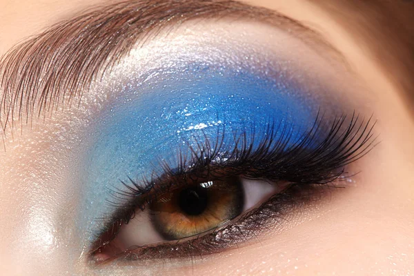 Kapalı kadın gözleri, parlak makyajlı, harika şekilli kaşları, aşırı uzun kirpikleri var. Makyaj kutlaması, lüks göz falı. Güzel gözlü makro. Güzel görüş.