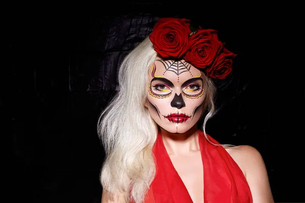 Wunderschönes Halloween Make Die Blonden Models Tragen Zuckerschädel Make Mit — Stockfoto