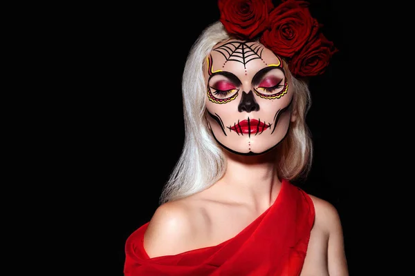 Wunderschönes Halloween Make Die Blonden Models Tragen Zuckerschädel Make Mit — Stockfoto