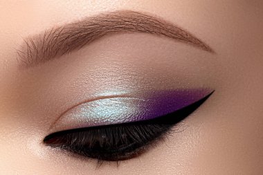 Güzel Makro Gözler 'i Smoky Cat Eye makyajıyla kutlayın. Makyaj malzemeleri ve makyaj malzemeleri. Çizgili, Mor ve Cyan Gözlüklü Moda Görünümünün Kapanışı.